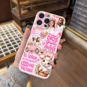 Phone case: Faith-themed pink cartoon design with Jesus accompanying a cute little girl aesthetic phone case suitable for iPhone 17 Pro Max 16 11 15 14 13 12 Pro Max Plus, popular gift for teenage girls
