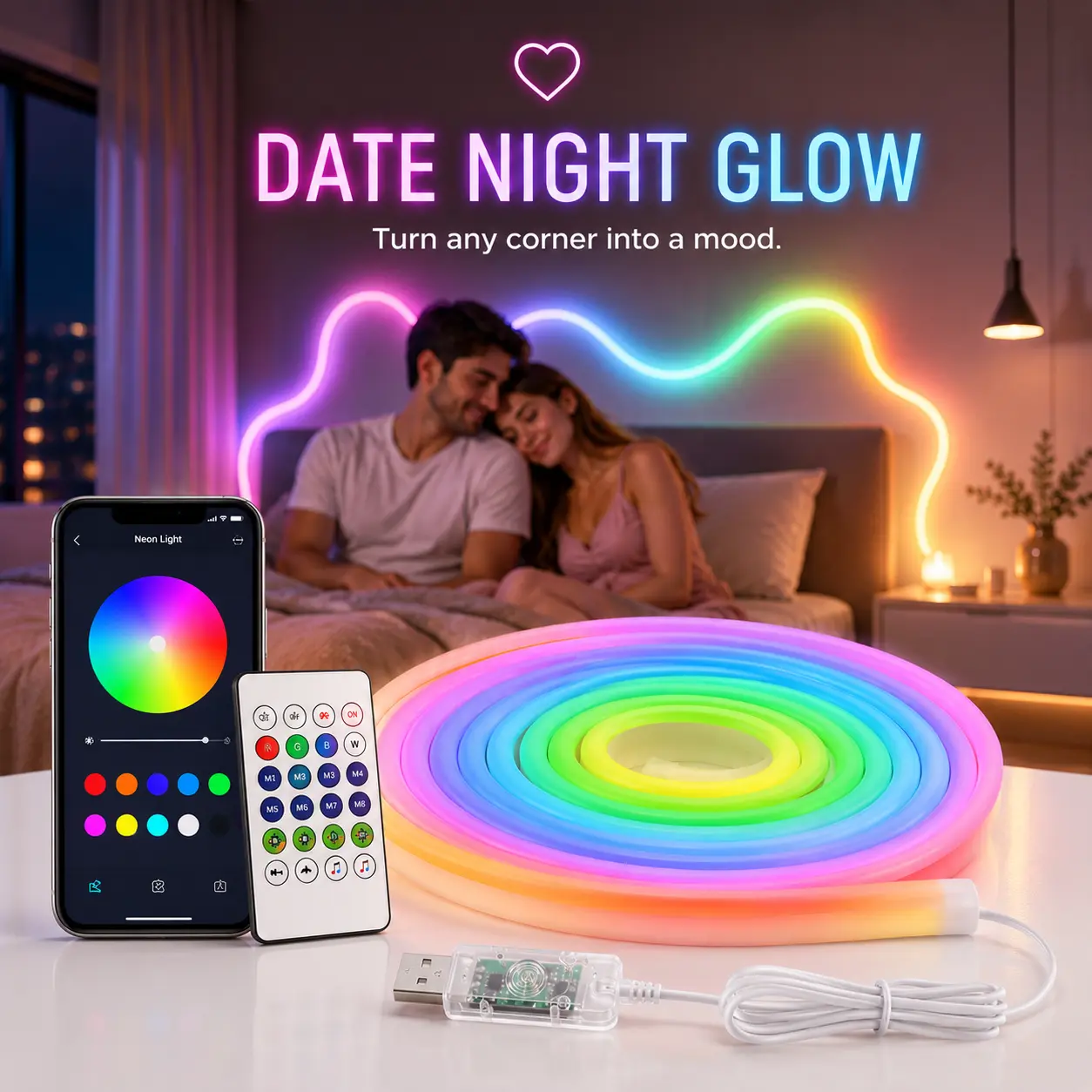 Smart LED Light Strip RGB Color Changing Music Sync Strip Lights, USB Powered, App & Remote Control, Ambient Backlight for TV Computer Bedroom Living Room, Neon Accent Light, Multi Mode, Party Gifts，Bedroom、Indoor Lighting、Home Decoration、Home Decors、