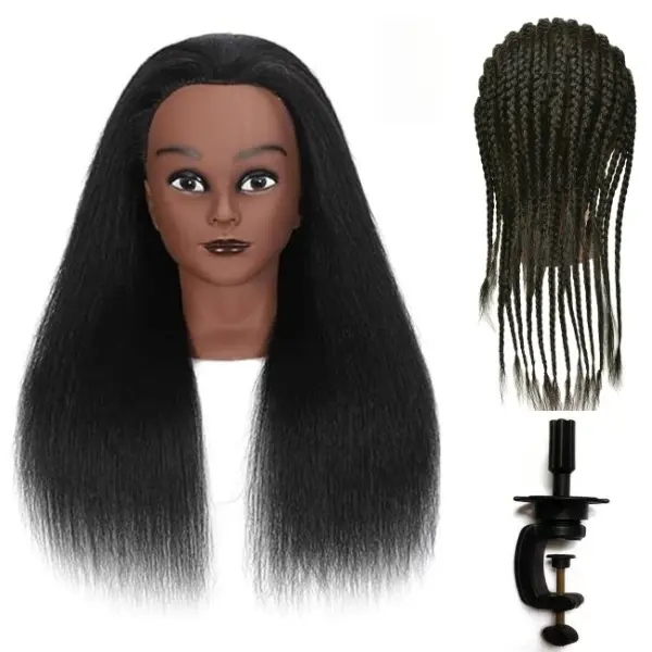 18-inch 100% real-hair mannequin head, training head, model head, and professional hairdressing practice mannequin head designed for practicing braiding and hairstyling; comes with a clip-on stand