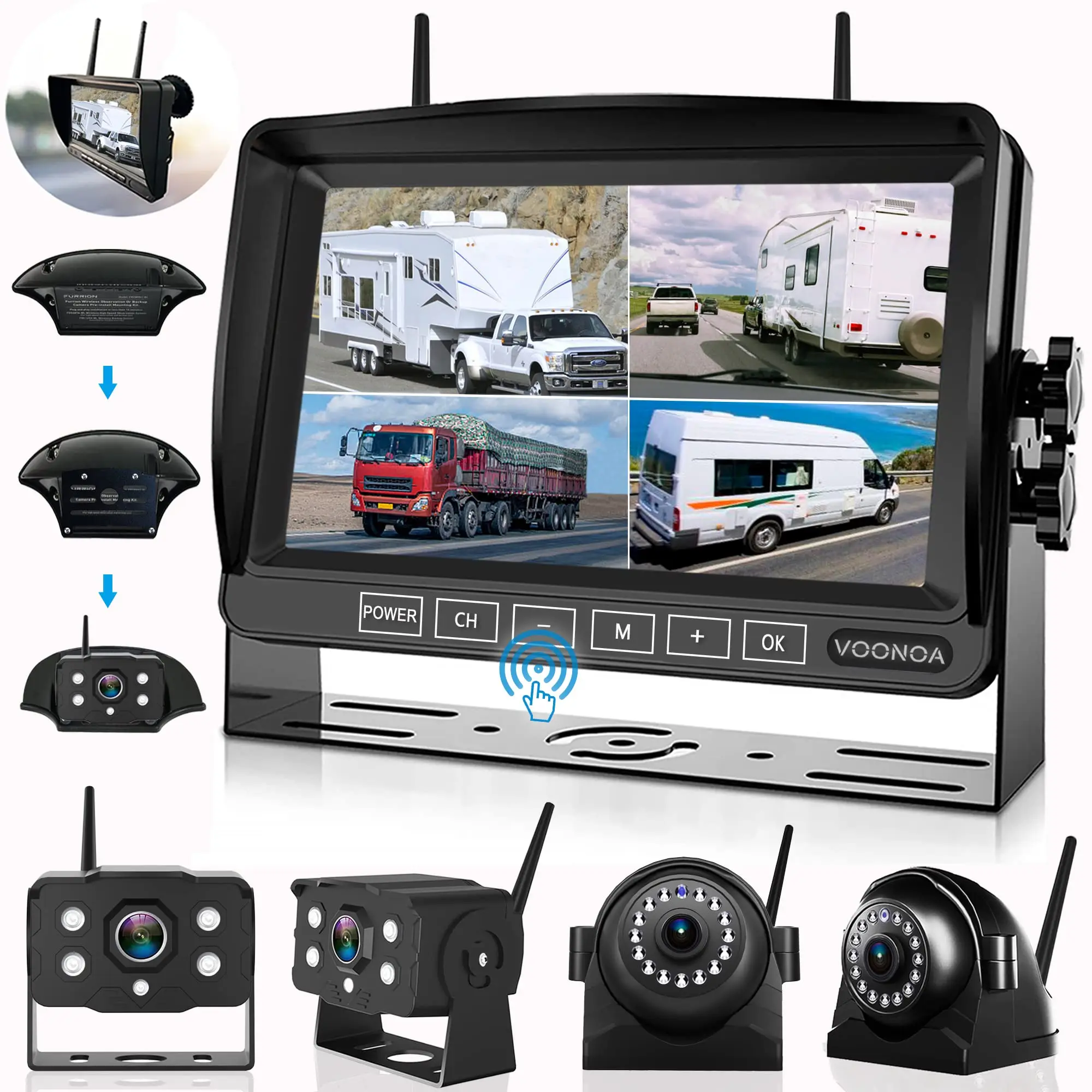 VOONOA 1080P Wireless RV Camera System, IP69 Waterproof Night Vision Backup Camera Side Rear View Camera with 7 Inch HD Monitor for RV Truck Trailer Camper Magnetic Solar