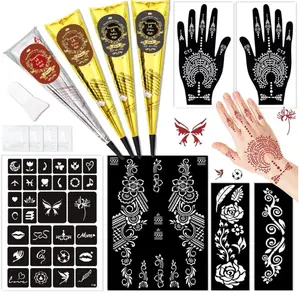 Temporary Stencils Tattoos Kit, 4 Pcs Tattoo Cones 3 Color (2 Black 1 Maroon 1 Cherry Red) with Gloves Brush Tool,DIY Body Art Skin Painting Designs for Women Men Kids Party Gifts