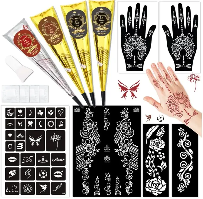 Temporary Stencils Tattoos Kit, 4 Pcs Tattoo Cones 3 Color (2 Black 1 Maroon 1 Cherry Red) with Gloves Brush Tool,DIY Body Art Skin Painting Designs for Women Men Kids Party Gifts