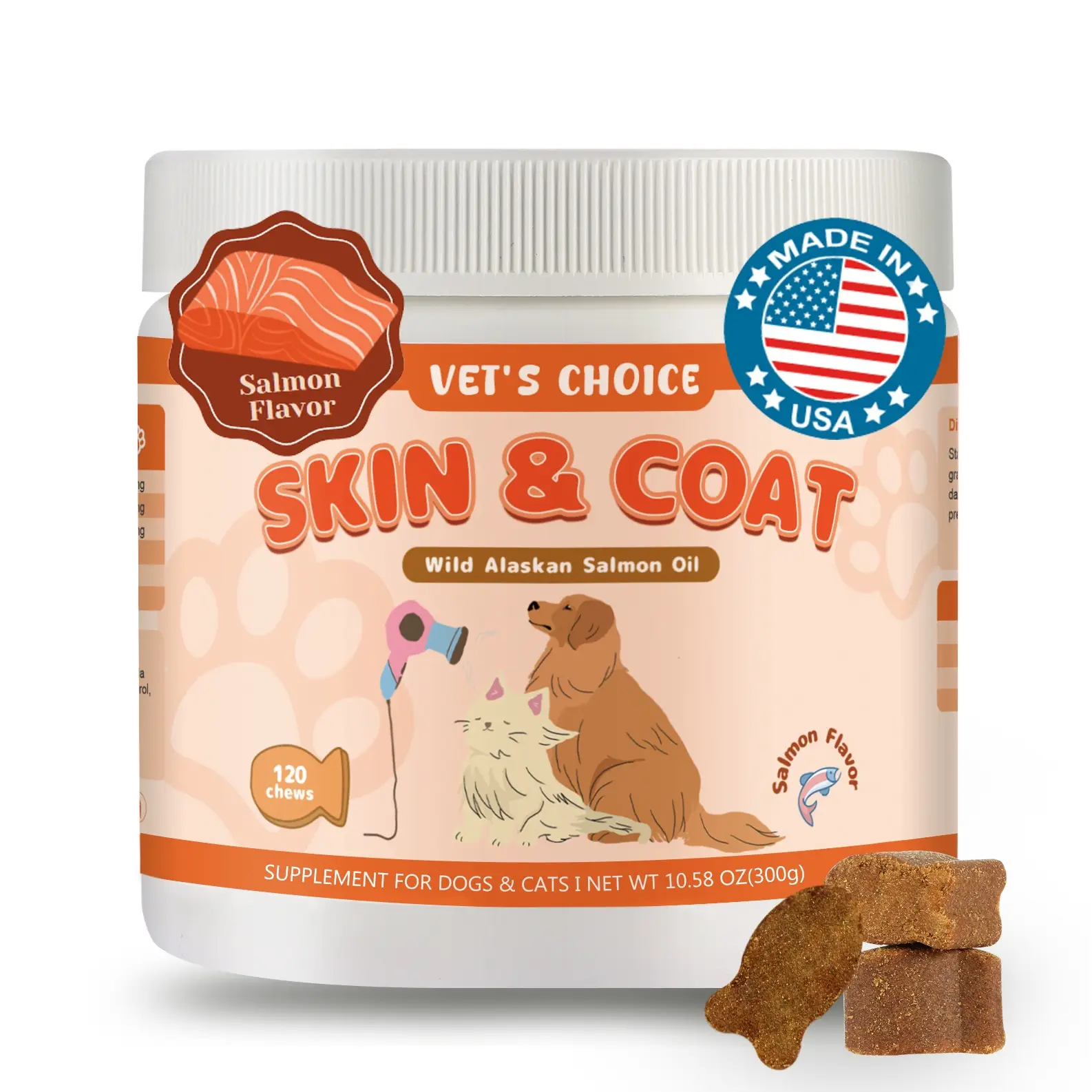 Vet’s Choice Skin & Coat Support for Dogs & Cats | 120 Soft Chews | Alaskan Salmon Oil with Omega-3 EPA+DHA | Itch Relief, Allergy and Immune Support
