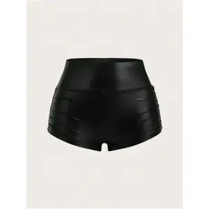 Women's solid color elastic slim knit shorts, fashionable casual style PU leather shorts, suitable for daily outdoor wear, all season women's underwearRAIMENTRY