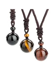 Natural Tiger Eye Black Obsidian and Amethyst Pendant Necklace for Women 16mm Stone Bead Choker Jewelry Gift with Adjustable Chain