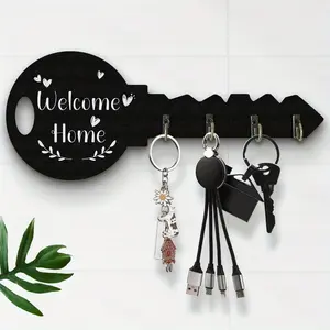 'welcome Home' Key Shaped Key Holder for Wall, Decorative Wooden Key Rack with 4 Hooks, Creative Entryway Organizer, Cute Housewarming Gift & Home Decor