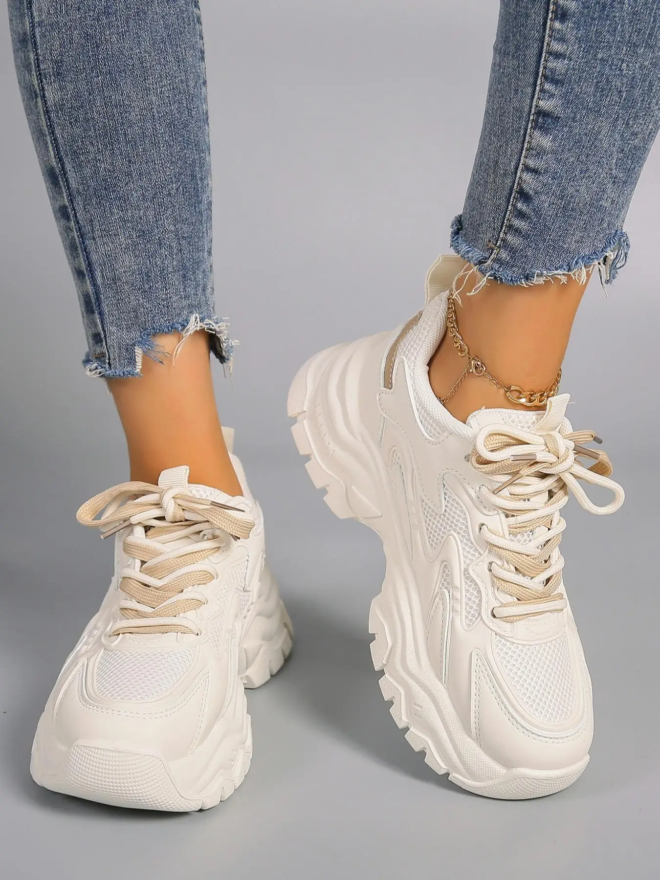 Women's Fashionable Lace up Low Top Platform Sneakers, Casual Versatile Sports Shoes, Breathable Non-slip Chunky Sneakers, 2023 Trendy Matching Round