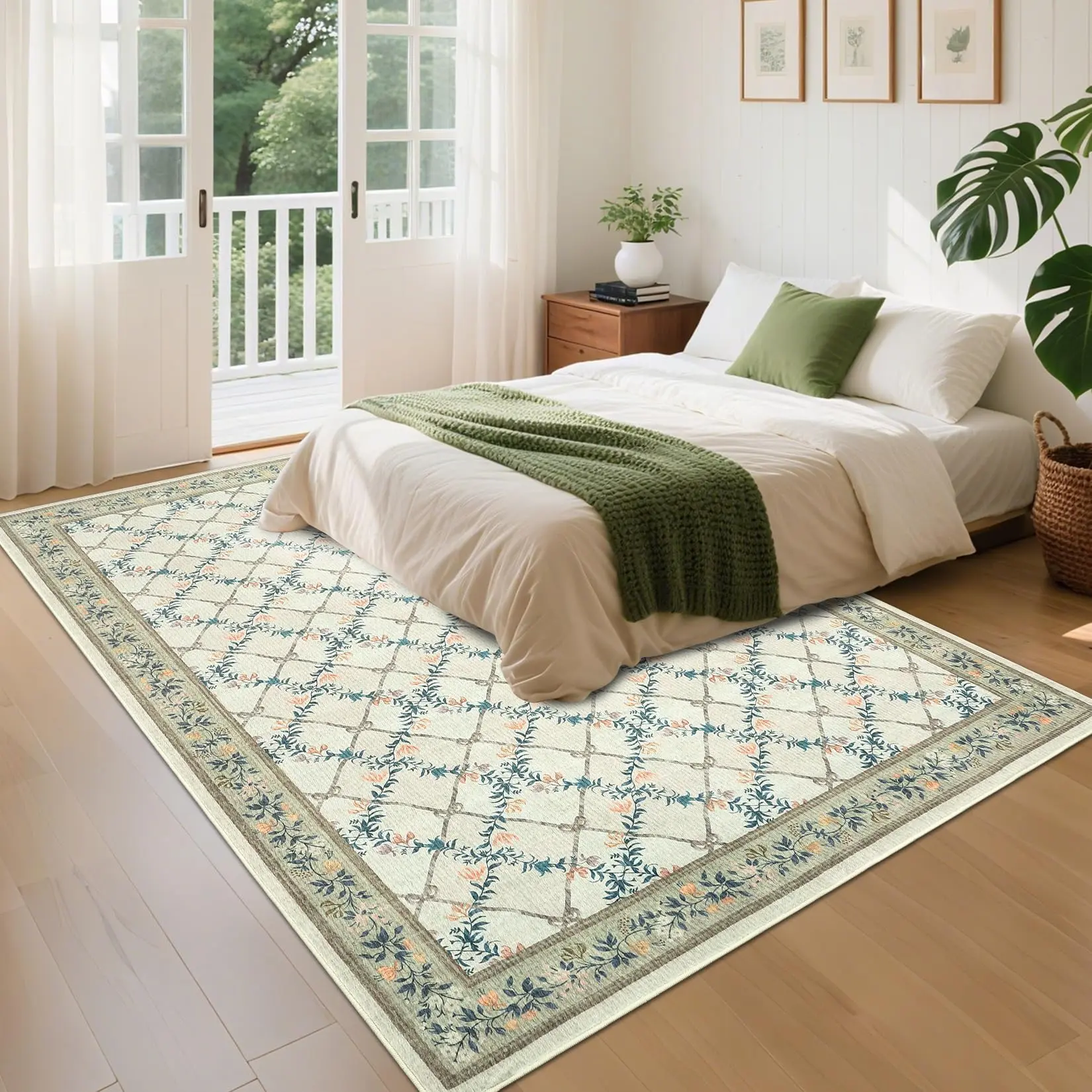 5x7 Area Rugs for Living Room Washable Rug Geometric Rug for Bedroom Floral Throw Rugs Stain Resistant Throw Carpet Low Pile Floor Cover for Office Dining Room Nursery，Green/Beige