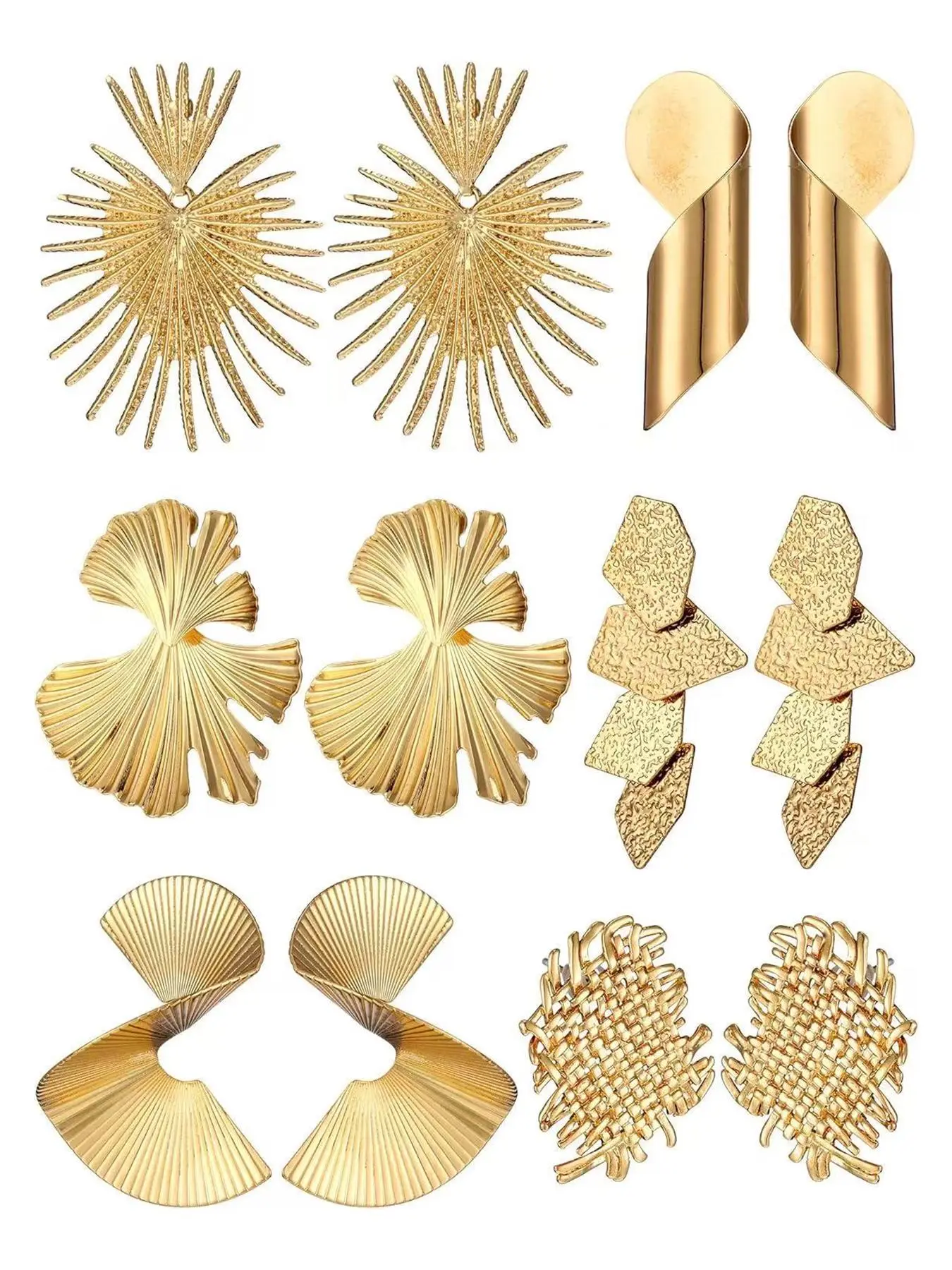 6 Pairs Gold Statement Earrings for Women, Large Geometric Earrings, Stainless Steel Woven Twisted Leaf Earrings, Chunky Earring Set, Unique Jewelry Gift