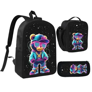 Cartoon Bear Backpack With Lunch Box Pencil Case 3 In 1 For Boy Girl Teen Schoolbag Lightweight Large Capacity 600D Oxford Cloth Adjustable Straps Comfortable Mesh Back Cushioning backpack goals-E