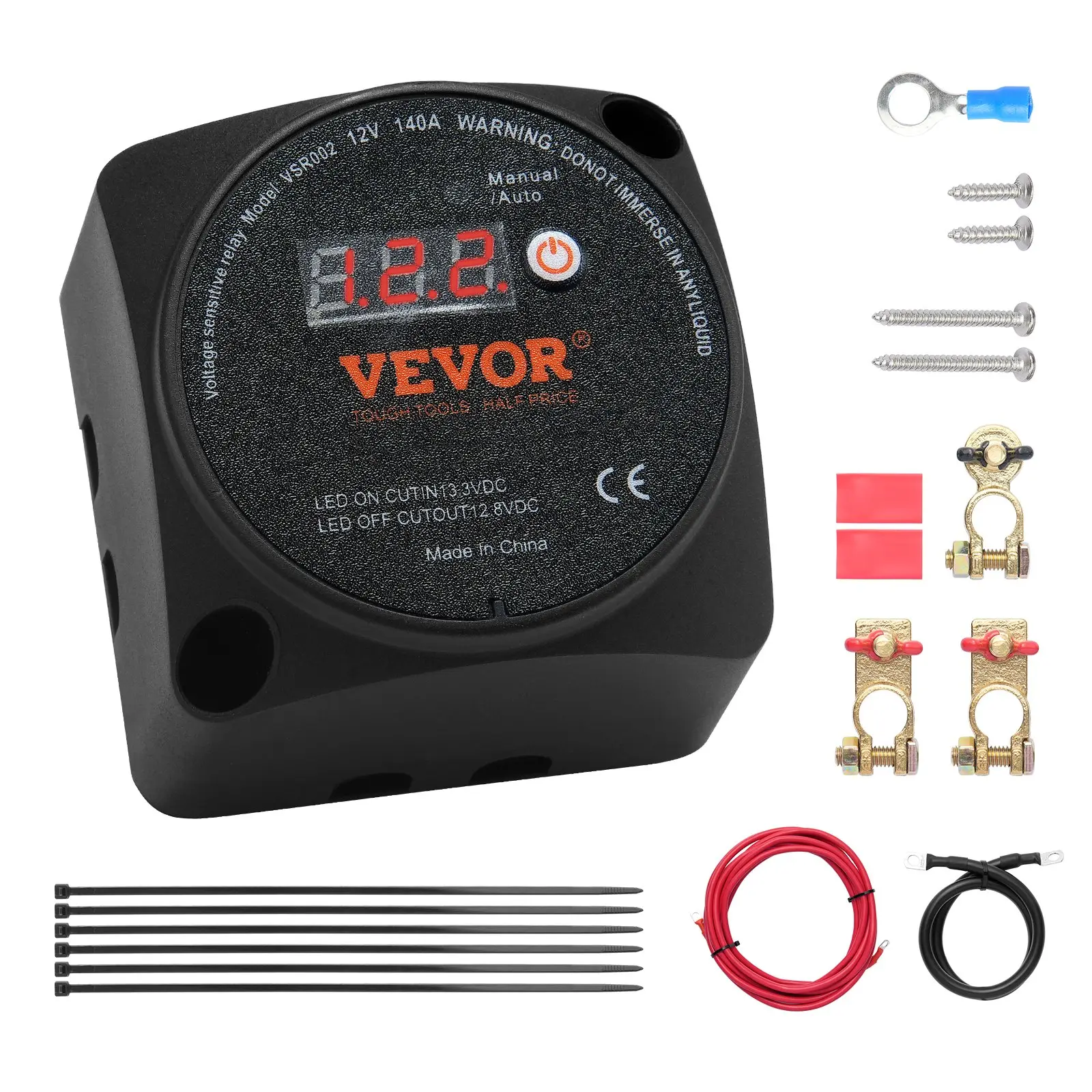VEVOR 12V 140A Dual Battery Isolator Kit - 1 Kit, Manual & Auto Mode VSR Voltage Sensitive Relay with LCD Display, Screws, Cable, Cable Ties, Comprehensive Protection, Dual Security, Easy-Install Car Battery Repair Tool for ATV, RV