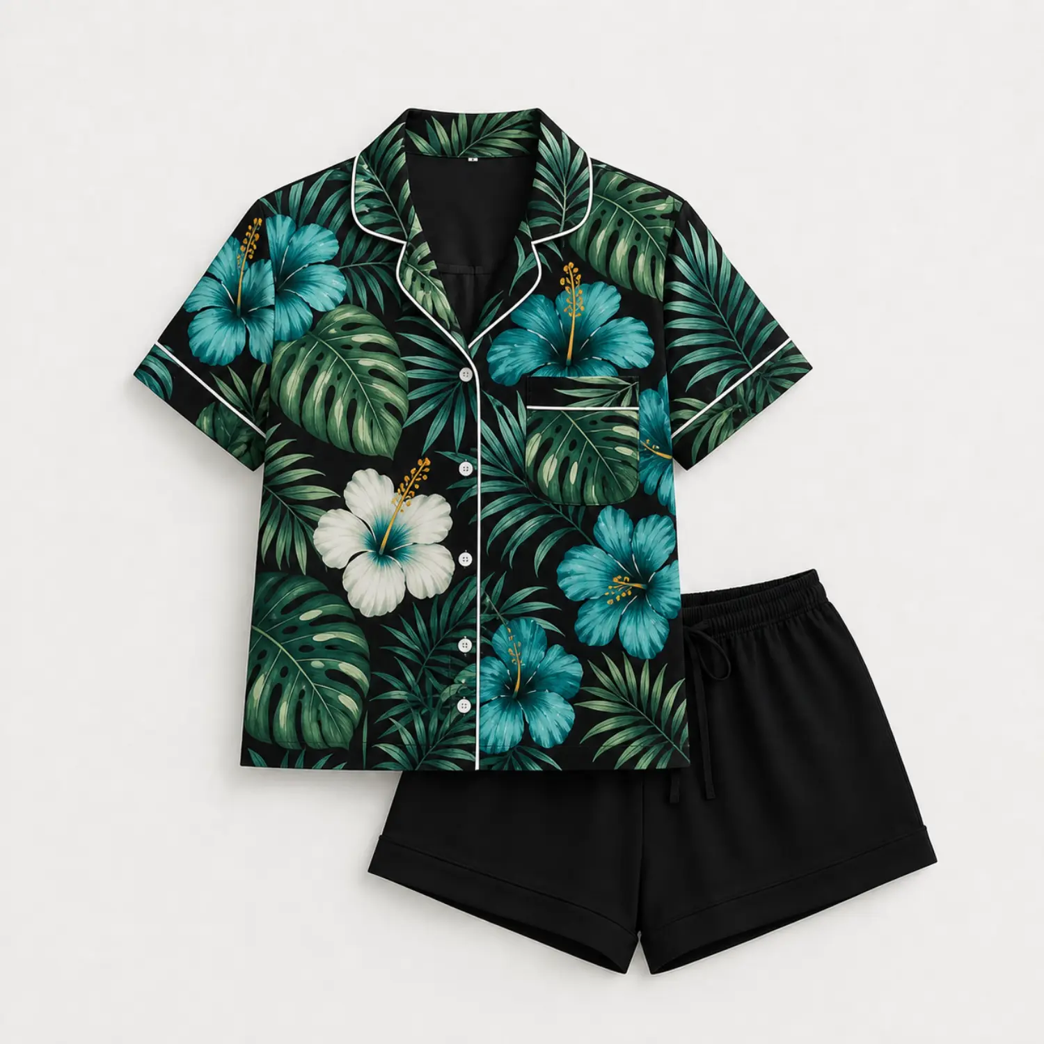 Tropical Floral Leaf Pajama Set - Short Sleeve Button-Down Sleepwear with Lounge Shorts