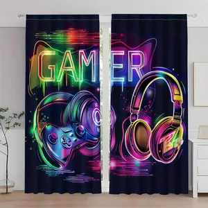 2 Pieces, Game Themed Semi-Blackout Curtains with Vivid Headphones and Controller Design - Modern Art Privacy Decor for Bedroom, Living Room, Office Home Decor - Semi-Transparent Polyester, Game Room Decor, Christmas Day Decor, Privacy Grommet Curtains
