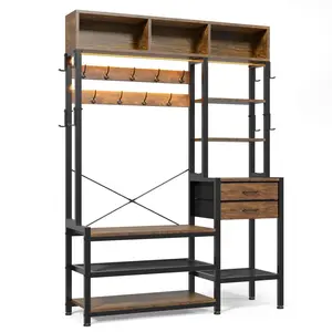 Hall Tree with Bench and Shoe Storage Rustic Brown Industrial Clothing Rack Light Shelf Adjustable Organiser