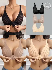 Women's Wireless Bra Set, Sexy Lace Design, Front Buckle Closure, Medium Support, Unlined, All Seasons Comfortable Underwear