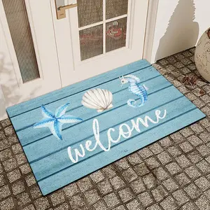 1 Pc Ocean Shell Starfish Printed Door Mat, Linen Surface, Diatomaceous Earth, Anti Slip And Absorbent, Indoor And Outdoor Printed Door Mat, Kitchen, Dining Room, Bathroom, Bedroom Decoration, Holiday Home Decoration