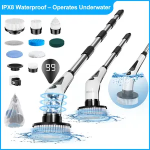 PRASKY IPX8 Electric Spin Scrubber, Cordless Shower Scrubber, LED Display Cleaning Brush, with 9 Replaceable Brush Heads and 4 Adjustable Extension Handles for Bathroom, Kitchen,Tile, Floor,Household Cleaning Supplies Cleaner Portable Home Rechargeable