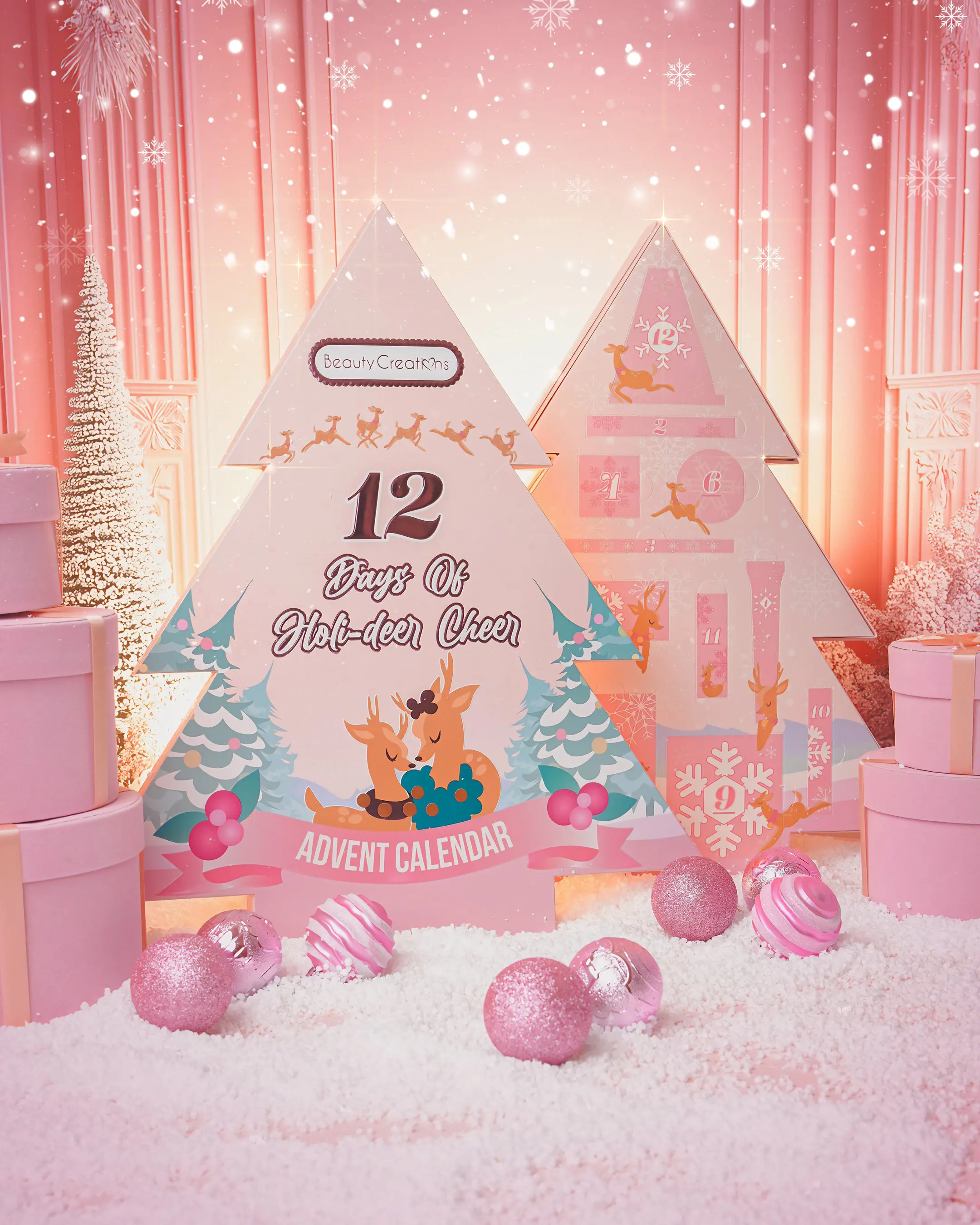Beauty Creations 12 Days of Holideer Cheer Reindeer Theme Cosmetic Advent Makeup Set - High-Pigment Mini Palette, Lip Liner, Lip Oil "My Fav", Gloss, Glitter, Lash Curler, Lash Primer, 2 Puff Set, Perfect Holiday Gift