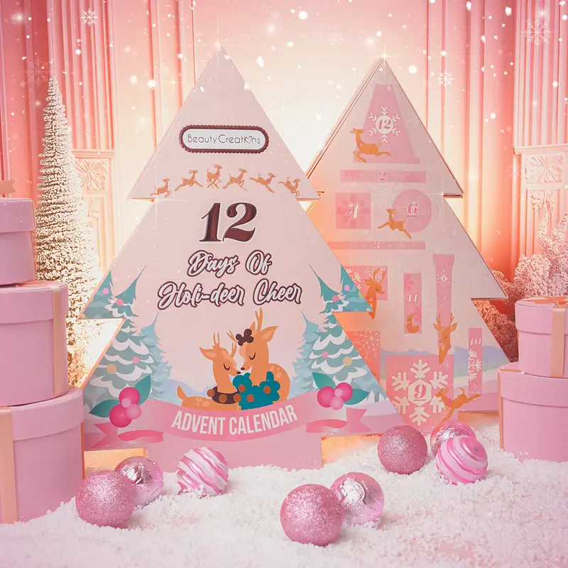 Beauty Creations 12 Days of Holideer Cheer Reindeer Theme Cosmetic Advent Makeup Set - High-Pigment Mini Palette, Lip Liner, Lip Oil "My Fav", Glitter, Lash Curler, Lash Primer, Perfect Holiday Gift