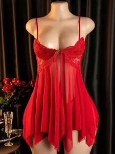 Women's Red Lace Open Front Nightgown & Skirt Lingerie Set