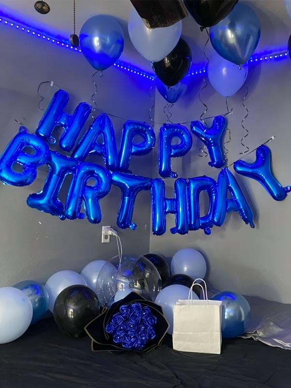 Blue Birthday Party Decorations Set – Blue Happy Birthday Balloon Banner, Latex & Heart Foil Balloons, Elegant Blue Theme Birthday Decor for Men & Women