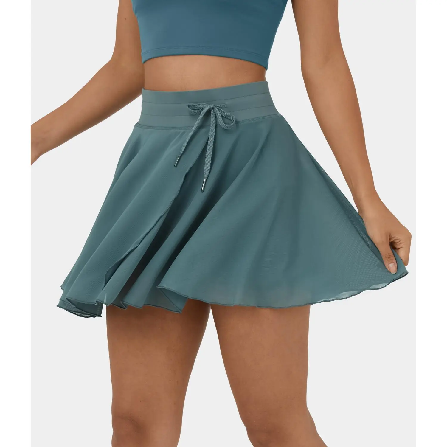 Halara High Waisted Drawstring Contrast Mesh 2-in-1 Side Pocket Flowy Mini Flare Casual Skirt