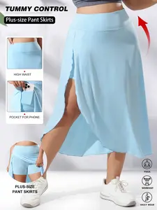 Women's Plus Size High Waist Split Skirt with Pockets, Elastic Casual Solid Color Design, Summer Outdoor Leisure Half Skirt, High Waisted Skorts