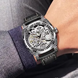 Men’s business fashion watch featuring a round dial, leather strap, mechanical movement with an analog display, automatic self-winding mechanism, vintage color-matched buckle, suitable for gifting, comes with a gift box, water-resistant design