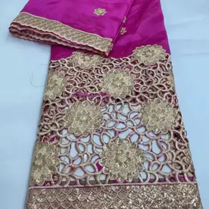 African High Exotic  George Embroidery Lace Fabric 5 Yard - Pink  Color with Gold Embroidery and Lace Details