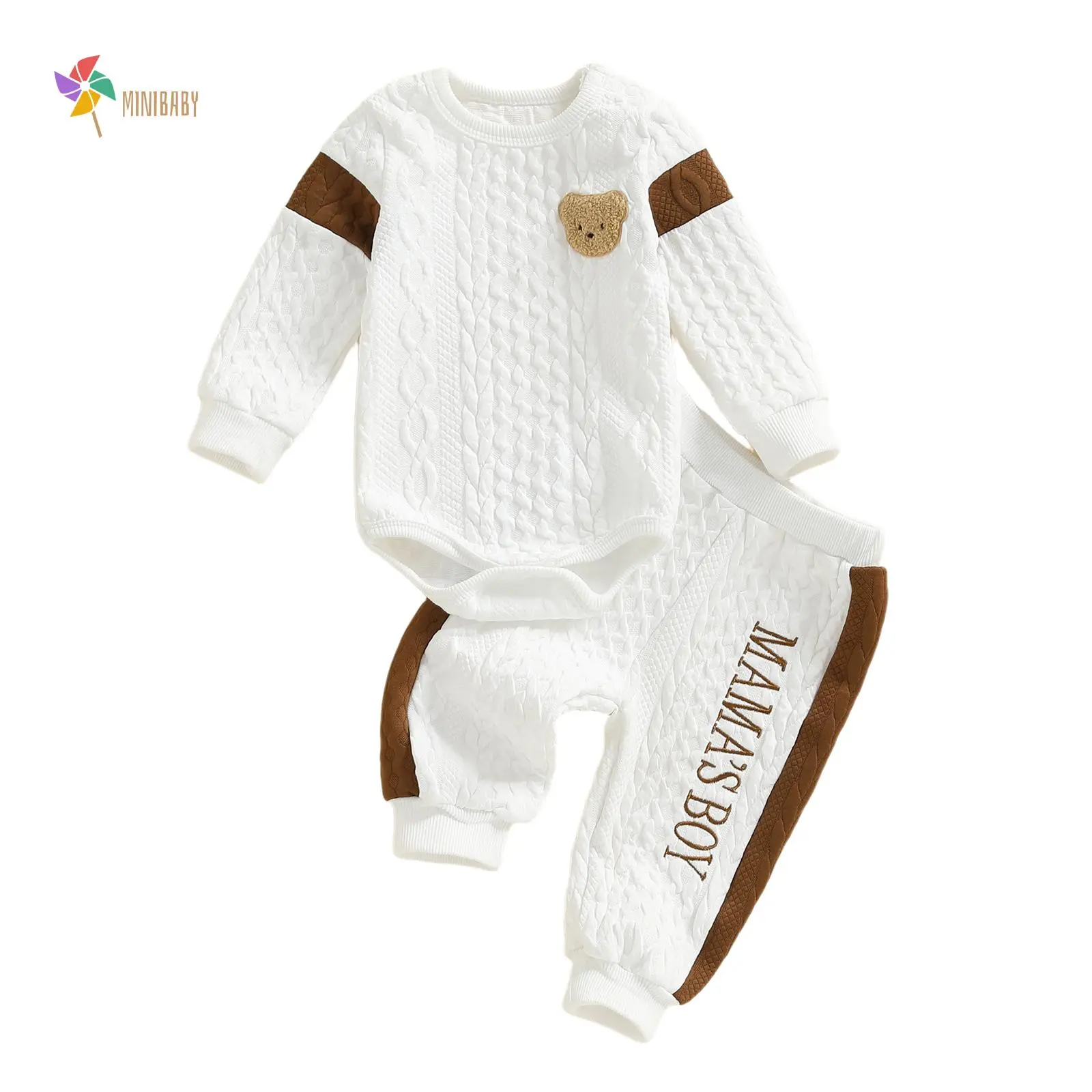 Infant Toddler Boy Cotton Blend 2-Piece Long-Sleeve Tracksuit Set (3-18 Months) - Fall Winter Outfit with Bear Romper, Mama's Boy Embroidery Pants, Infant Toddler Clothes