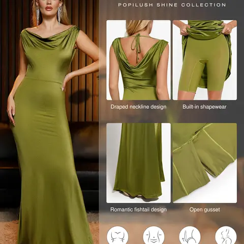Popilush Women's Elegant Formal Maxi Dress - Sleeveless Formal Wear Shapewear Dress with Built-in Bra, Green Style-Creator Live, Elegant Formal Dresses