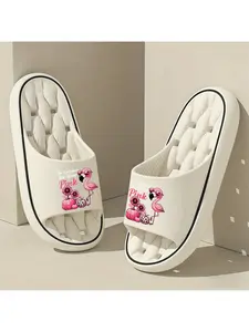 1 pair of flamingo "October Pink" printed slippers, unisex, thick-soled pillow slippers, men's and women's slippers, EVA sole, lightweight and soft open-toe, shower slippers, suitable for indoor and outdoor beach use.