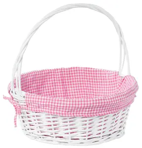 Vintiquewise Large White Round Willow Gift Basket - 15.5x16.75in, Pink Gingham Liner, Pink Gingham Handle, Fruit Basket, Outdoor Leisure Decorative Organiser