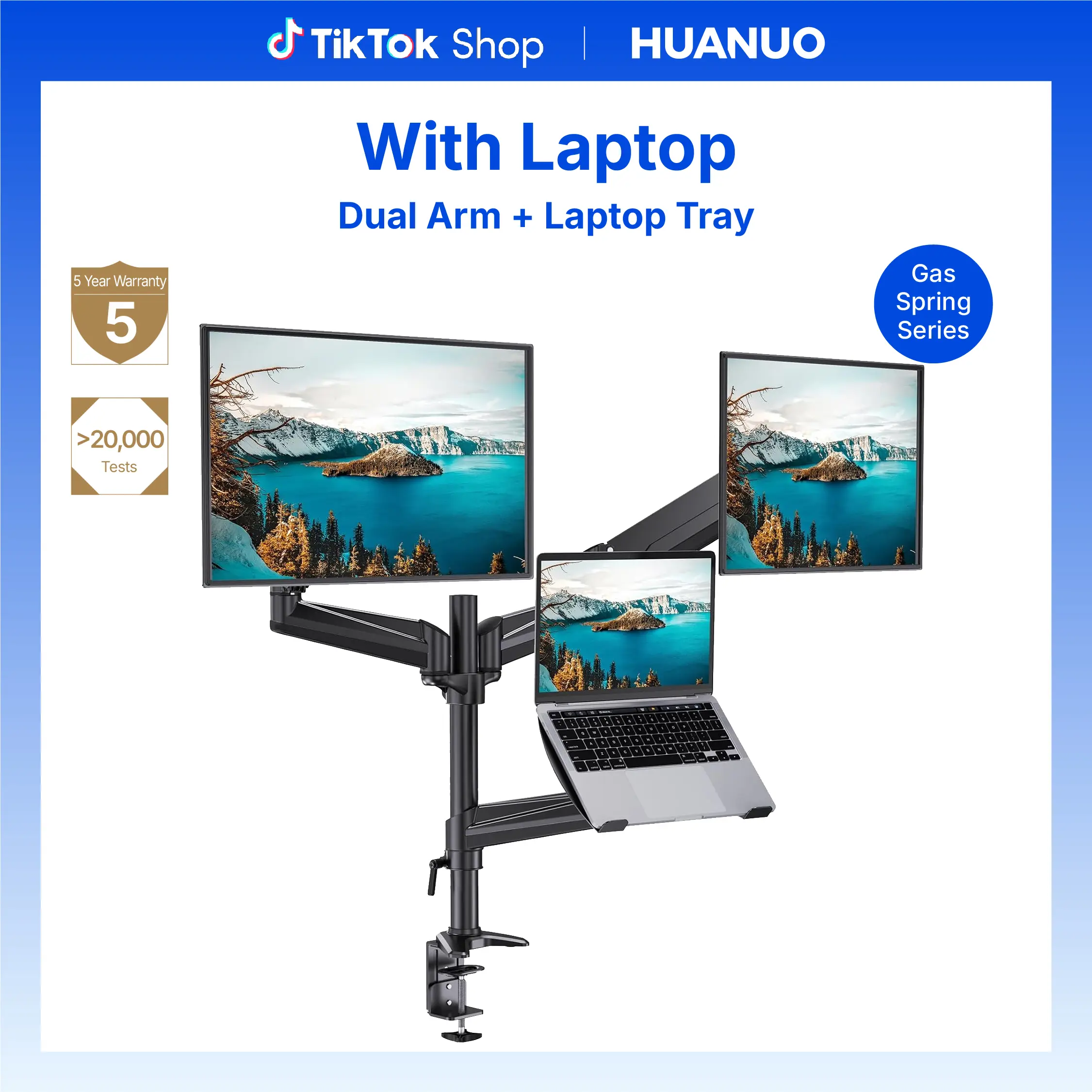 HUANUO 3-in-1 Sturdy Dual Monitor & Laptop Mount - Modern Office Furniture, C-Clamp, Adjustable Tilt-Swivel-Rotation Arms, VESA 75/100mm Bracket, Holds Up to 32” Displays & 17” Laptops (17.6 lbs Max) for Optimal Workstation Setup