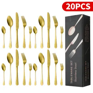 20/30pcs Elegant And High-Quality Luxurious Gold Retro Floral Tableware Set, Include Knife Fork Spoon, Suitable For Parties Weddings Vacations, Ideal Holiday And Birthday Gift