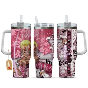 [WDC] Doflamingo “Heavenly Demon” 40oz Tumbler With Handle – Joker of the Underworld Stainless Steel Wrap Cup, Anime Iced Coffee Travel Mug, Gift for Anime Fans