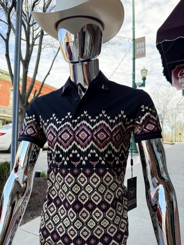 Polo Shirts Western Style Short Sleeve Shirt with Geometric Pattern and White Color