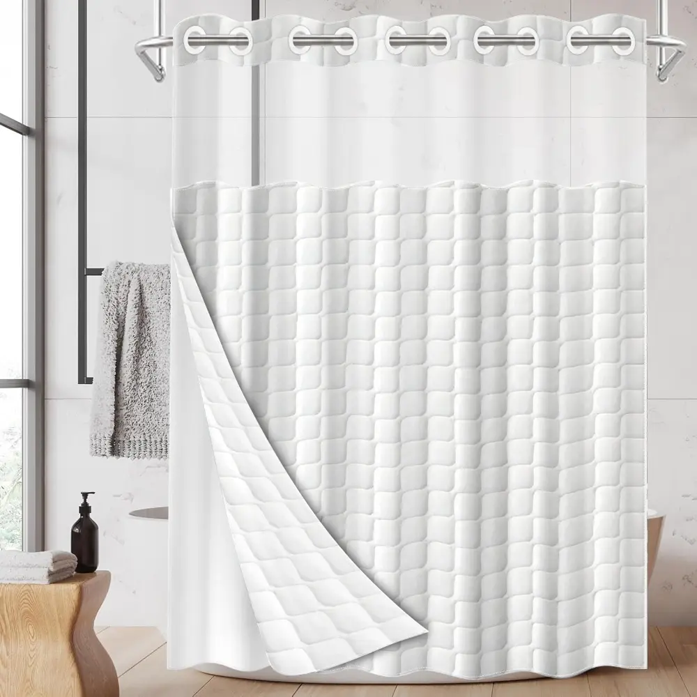 1pc hookless Removable aesthetic shower curtain with buckle lining, white checkered geometric patchwork design, 2D flat printing, fabric waterproof lining, see-through double-layer shower curtain, 71 x 74 inches, Bathroom Decor