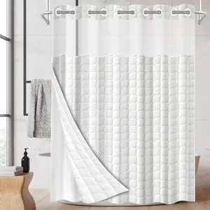 1pc hookless Removable shower curtain with buckle lining, white checkered geometric patchwork design, 2D flat printing, fabric waterproof lining, see-through double-layer shower curtain, 71 x 74 inches, modern home draping curtain, Bathroom Curtain