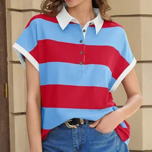 Tankaneo Womens Striped Polo Shirts Summer Short Sleeve Rugby Shirt Oversized Cotton Collared Casual Loose Cropped Tee Tops Outfits Shortsleeve