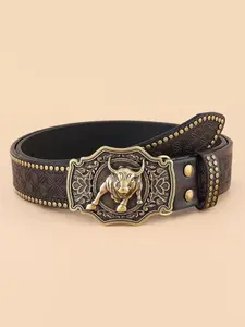 Western Cowboy PU Leather Belt - Western Style Belt Western Buckle Belt Concho Belts Men Waist Strap Bull Decoration Floral Engraved for Jeans 35-40" Waist Western Belts