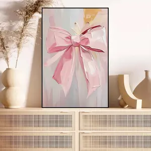 Elegant Pink Bow Canvas Print with Satin Ribbon Texture Soft Gray Background for Pink Room Girls' Room Bedroom Nursery Feminine Living Room Accent
