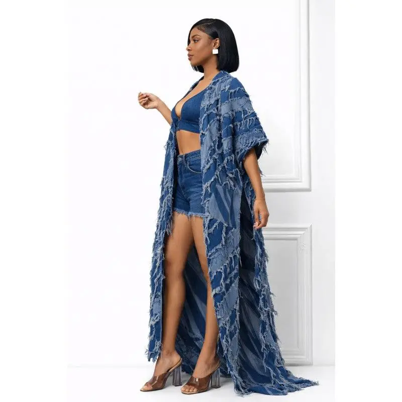 Textured Frayed Denim Short Sleeve Kimono Duster Jacket