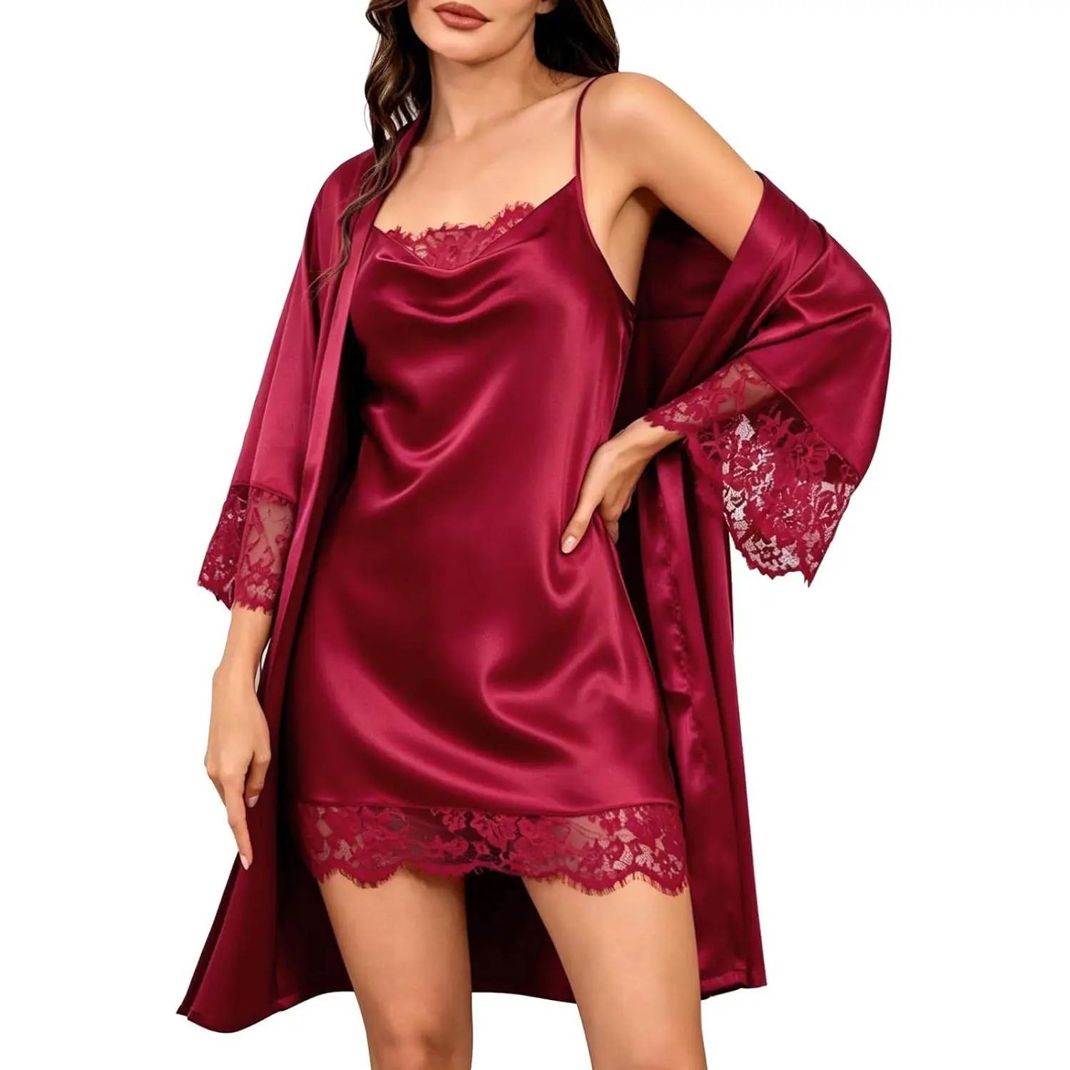 Women's 2-Piece Soft Lightweight Elegant Polyester Satin Pajama Set - Cowl Neck Spaghetti Strap Camisole Nightgown with 3/4 Sleeve Robe, Sexy Lace Bridal Lingerie, S-XL (Wine Red, Black, White, Champagne) Sleepwear