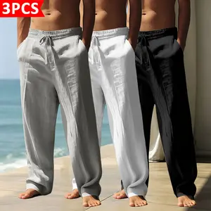 Men’s 3-Pack Linen Casual Pants | Breathable lightweight fabric, drawstring elastic waistband design, drapey straight fit, versatile for vacations/everyday wear, comfortable cool loose pants for summer