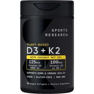 Sports Research D3 + K2 5000 IU with MCT Oil – Vegan Vitamin D3 K2 MK-7 for Bone & Immune Health, 30 Softgels