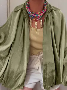 New In Coats And Jackets Zip Front Jacket Olive Green Satin Shirt  Pleats Sweatshirt With Zipper Lantern Sleeve Chic Button-Up Top For Women Casual Streetwear Outfit 2025 Fashion Long Sleeve Tops Womenswear Casual Longline Lightweight Outerwear