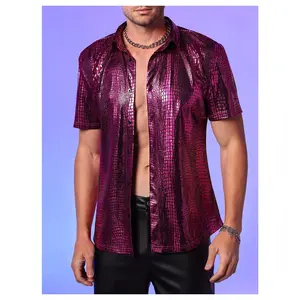 70s Sparkly Disco Top Crocodile Pattern Metallic Rave Button Down Shirt Short Sleeve Party T Shirt