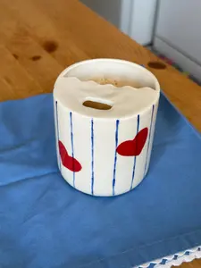 Striped Love Thermos Ceramic Tumbler, Hand Thrown Travel Mug, Minimalist To-go Cup, Rustic Sip Mug, Pottery Cup for Library, Handleless Mug