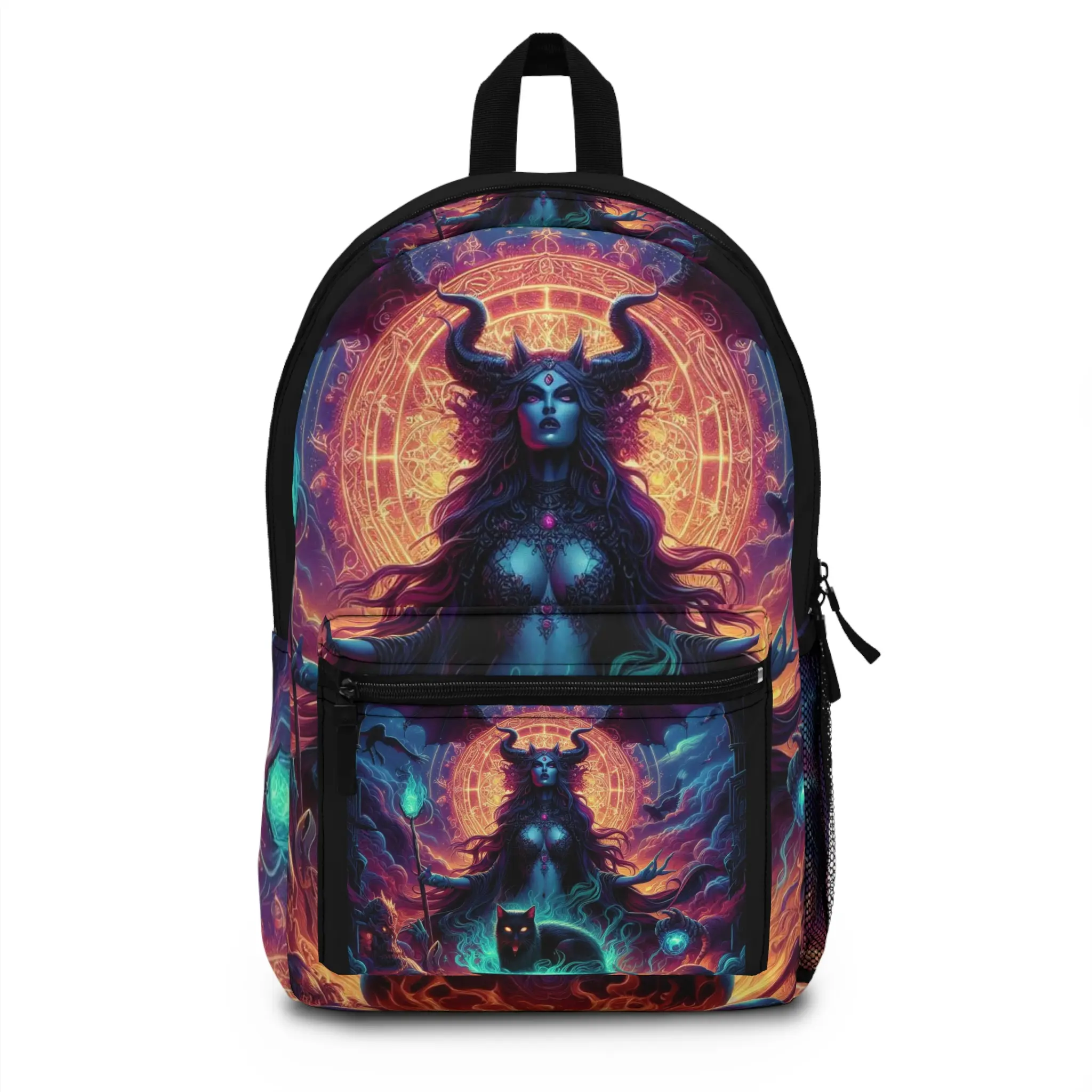 Lilith Goddess Of Magick Print Backpack - Unique Design with Dark Mage Theme, Black Accents & Dual-zoned Sides